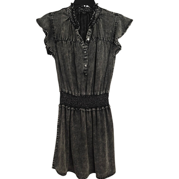 Rails Amina Mini Dress Size XS Black Acid Wash Tencel Denim Smocked Waist Boho - Picture 2 of 12